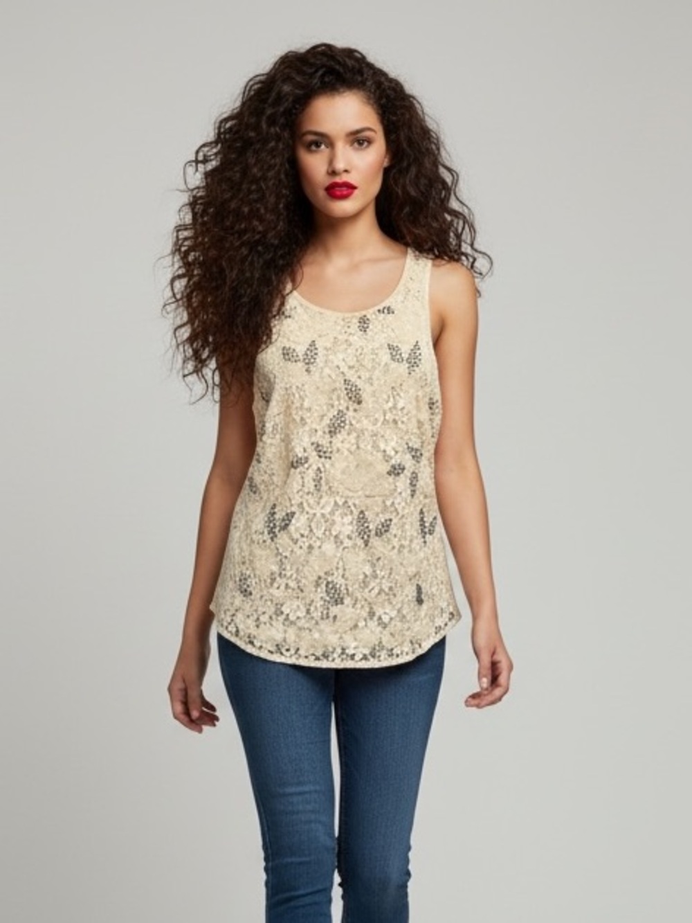 Willow & Clay Off White Lace Beaded Sleeveless Top Size M